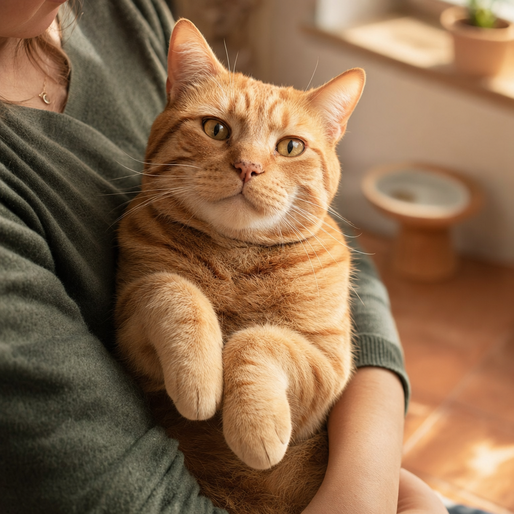 Bramble, a large orange tabby cat with a warm ginger striped coat and amber eyes, sitting upright against a person's chest with his chin lifted, looking content and trusting.