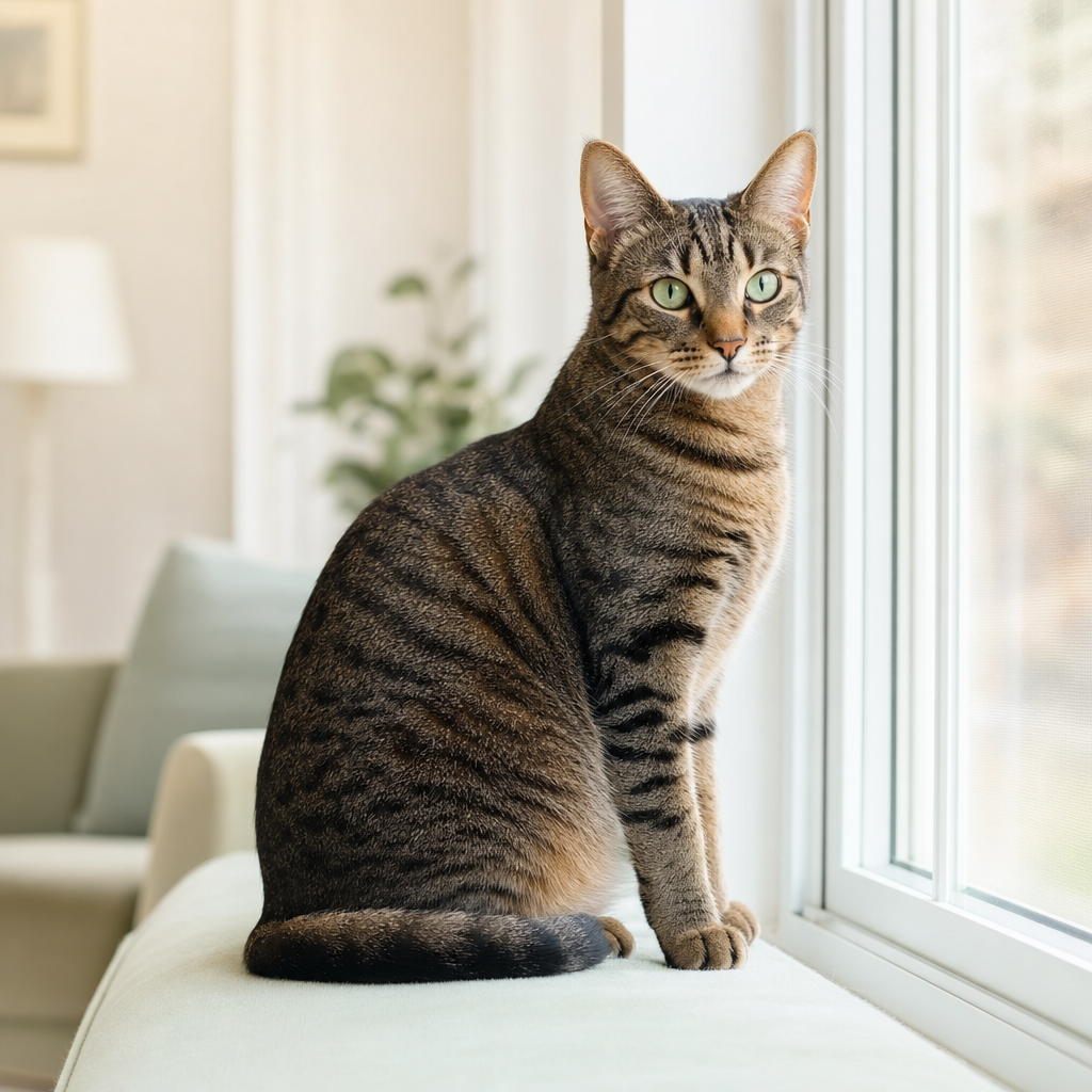 Clover, a sleek brown mackerel tabby with a glossy coat and clear bright green eyes, sitting confidently on a sunlit windowsill, relaxed and self-possessed.