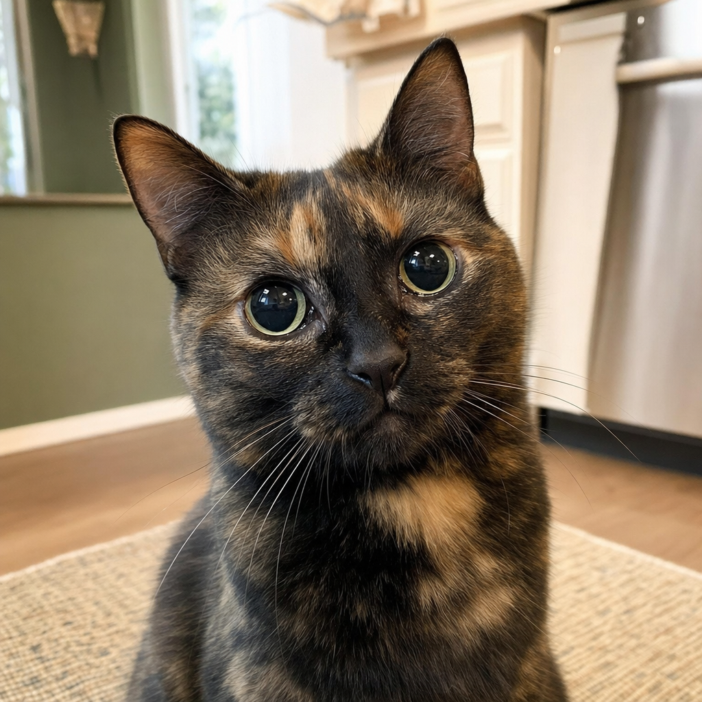Juniper, a tortoiseshell cat with rich black-and-ginger coat, looking up with large dark, softly glistening eyes.