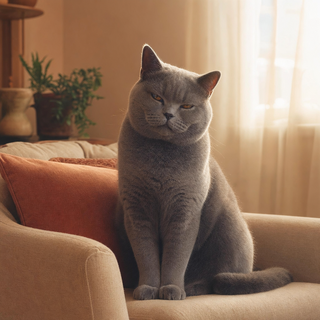 Marlow, a plush blue-grey British Shorthair-type cat with round coppery eyes, sitting composed on a linen armchair, head dipped in a soft slight nod.