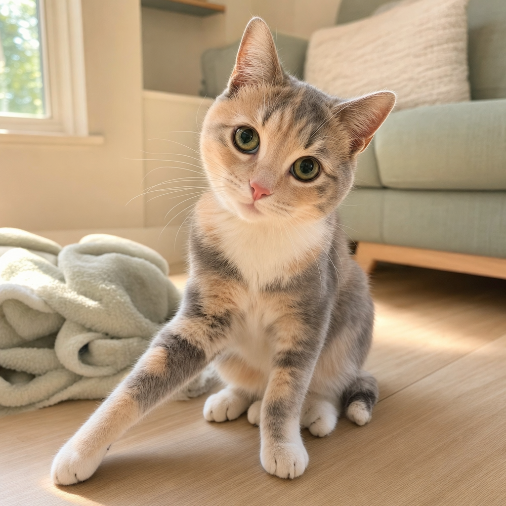 Pip, a soft dilute calico kitten, sits tilted and looking up with bright trusting eyes in a sunlit room.