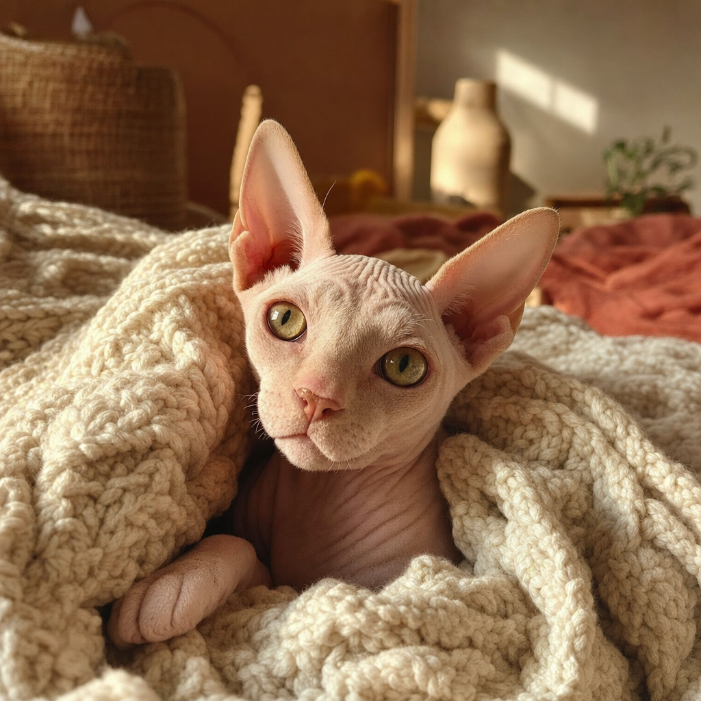 Saffron, a softly down-coated cat with warm pinkish skin, tucked into a cream knit blanket, looking up tenderly.