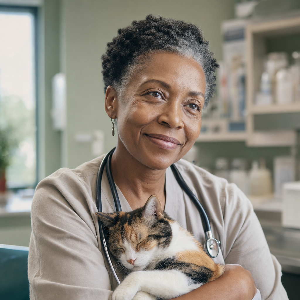 Dr. Ada Okafor holding a calico cat in a sunlit clinic.