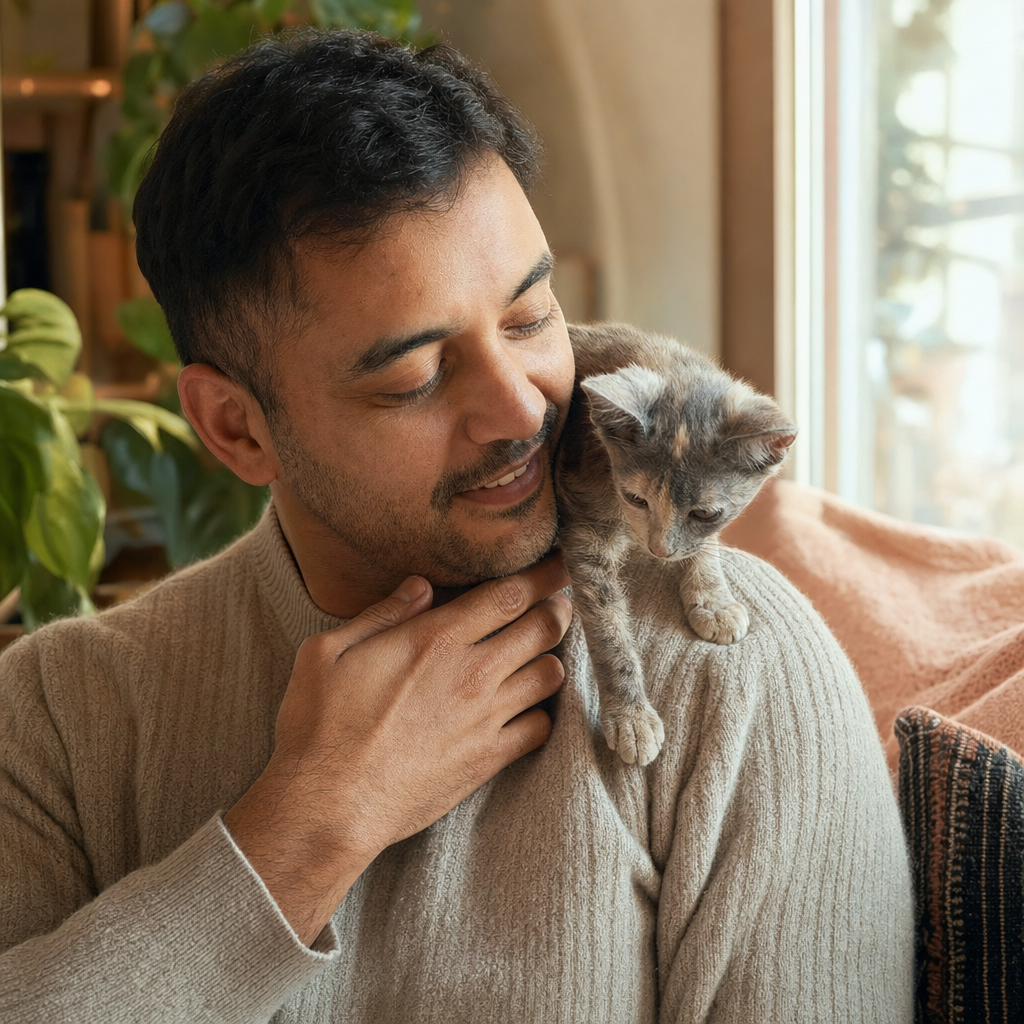 Mateo Reyes steadying a small wobbly cat climbing his shoulder.