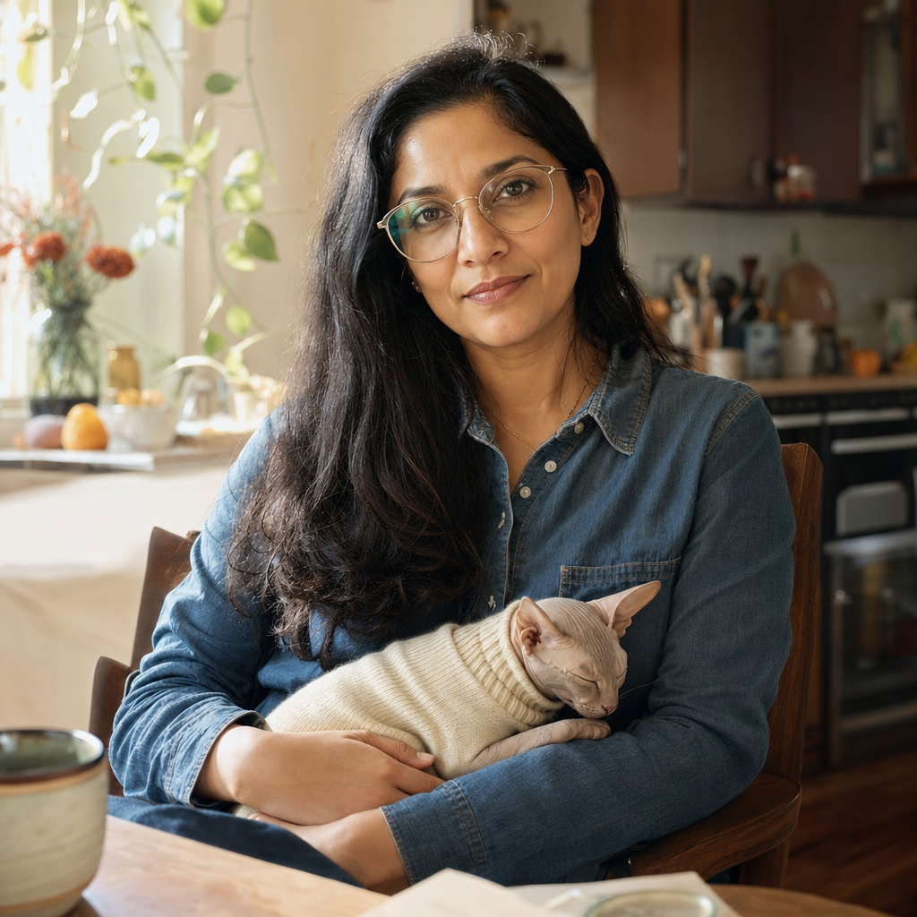 Priya Venkatesan with a sweater-wearing hairless cat curled warm in her lap.